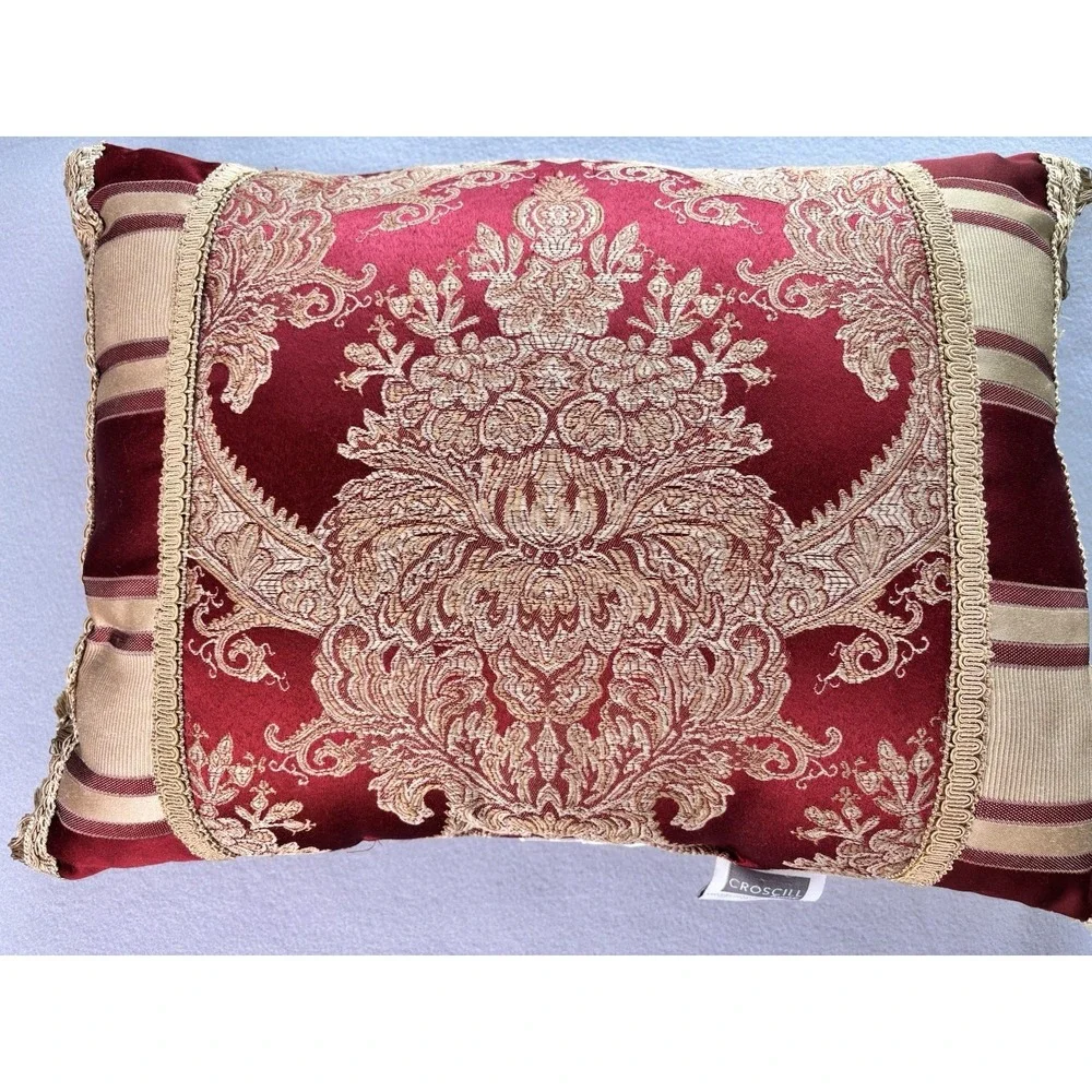 Luxury Croscill Carlisle Throw Pillow Red Gold Damask Stripe Tassels 20